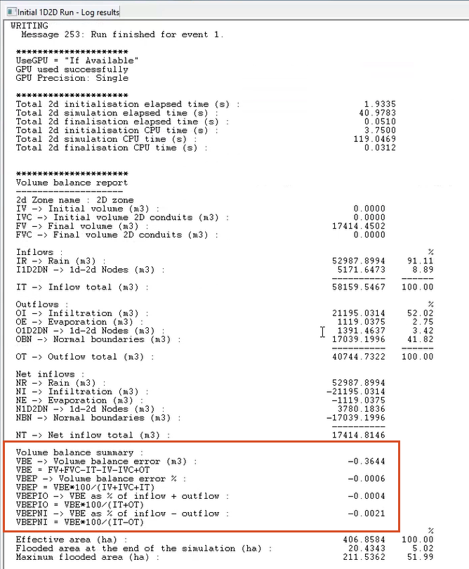 The log results window for the run, with the Volume balance summary information highlighted in red.