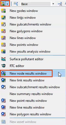 In the Windows toolbar, the Grid windows drop-down, with New node results window selected and highlighted in red.