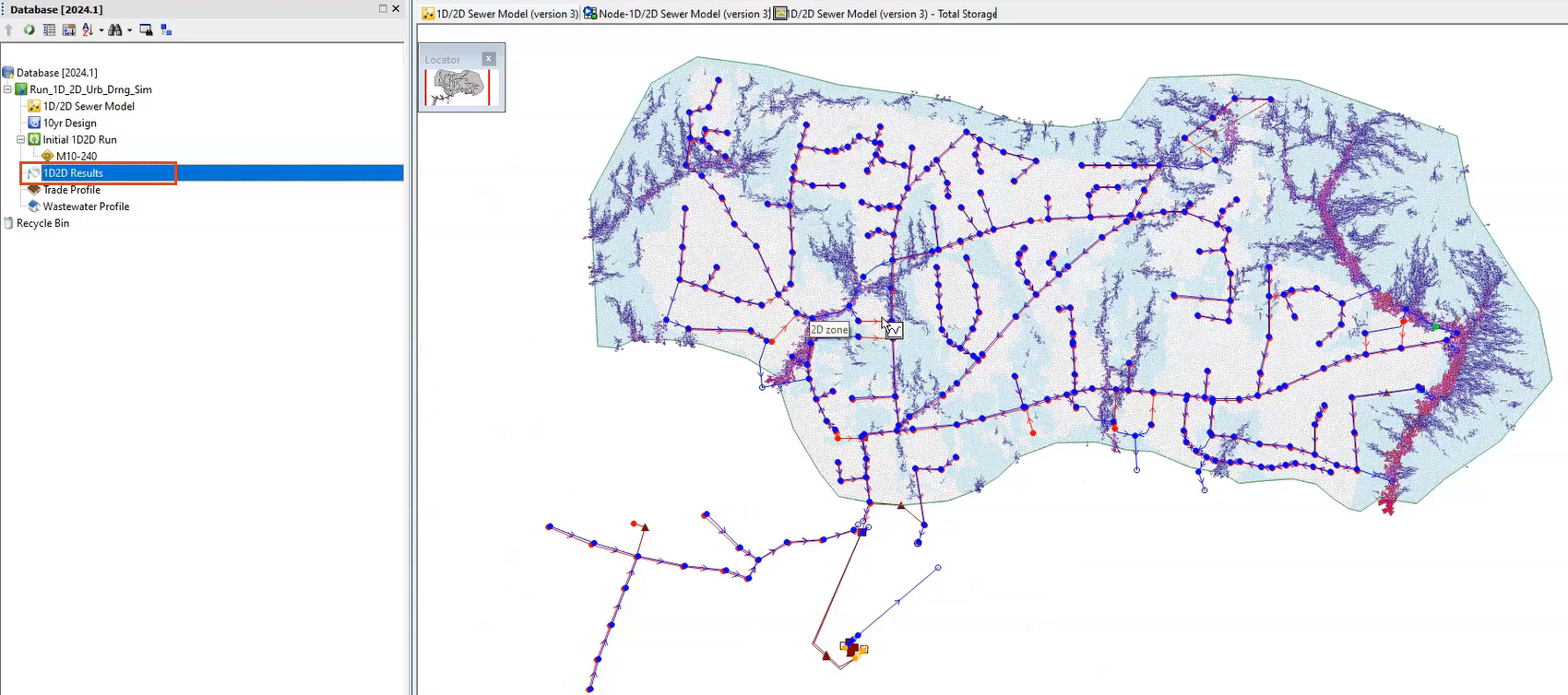 In the Database, the 1D2D Results theme selected and highlighted in red, and in the GeoPlan, the 1D2D Results theme applied to the model results.