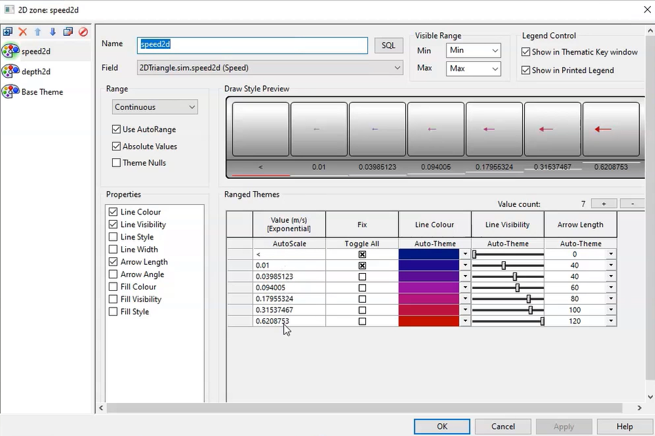 In the Layer Theme Editor for the 2D zone, the speed2d sub-theme settings, with arrows enabled.