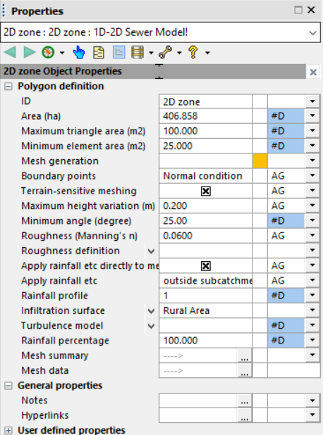 The Properties window for an example 2D zone.