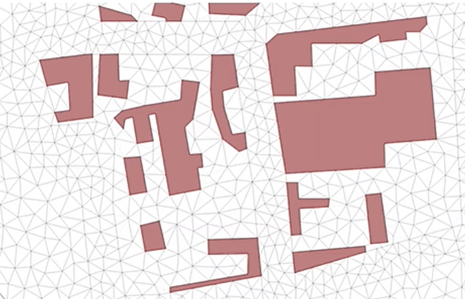 In the GeoPlan, an example of a 2D mesh with voided areas used to represent buildings.