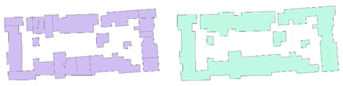 In two side-by-side images, an example of merging polygons of adjoining buildings shows the same image, but with fewer polygons, in the after-merging image on the right.