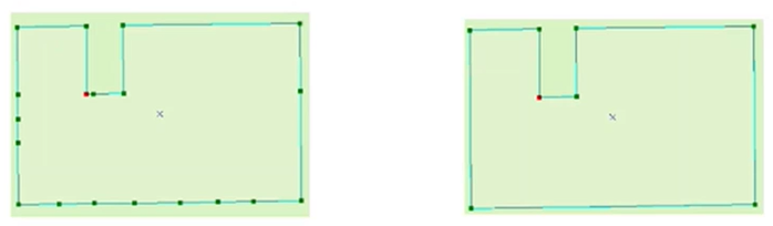 In two side-by-side images, an example of vertex reduction shows the before image on the left, and the after image with fewer vertices on the right.