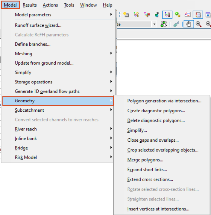 The ICM Model menu, with Geometry selected and highlighted in red, and in the flyout, a list of available geometry tools.