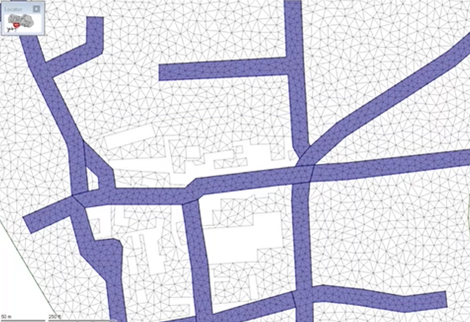 An example of a mesh zone road map, with an increased density of mesh elements along the roads.