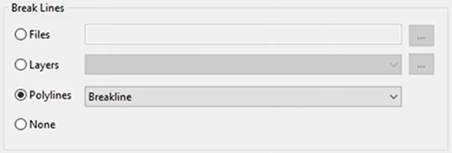 In the Mesh 2D Zones dialog box, Break Lines settings, Polylines enabled, with Breakline selected in the drop-down.