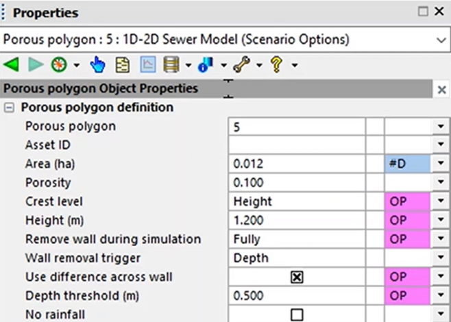 The Properties window displaying settings for a porous polygon object, including Porosity and Height.