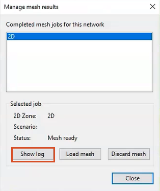 The Manage mesh results dialog box, with Show log highlighted in red.