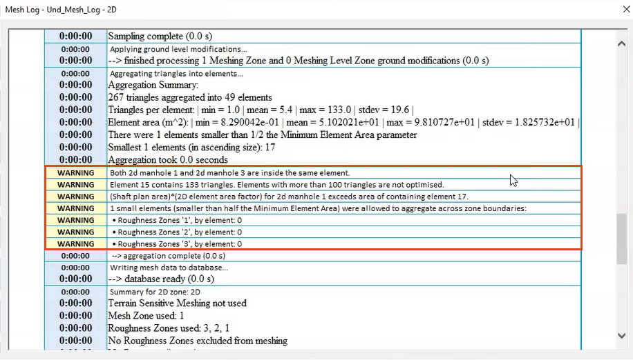 A mesh log example, with all WARNING information highlighted in red.