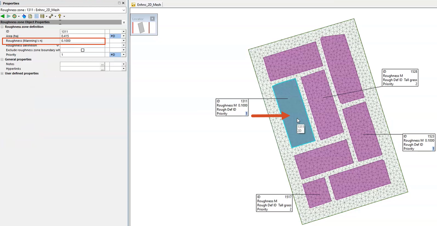 In the GeoPlan, an area of multiple roughness zones, with the selected roughness zone highlighted and called out; and in the Properties window, the Roughness (Manning’s n) setting for the zone highlighted in red.