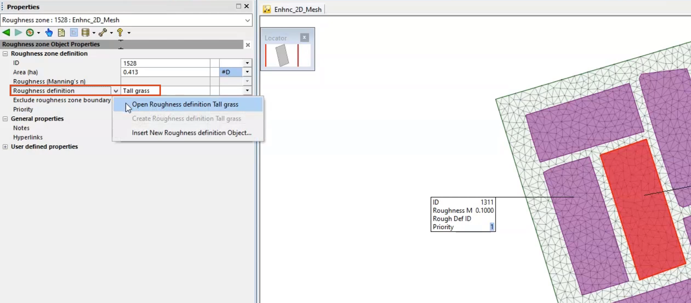 In the GeoPlan, the selected roughness zone highlighted in red; and in the Properties window, the Roughness definition setting highlighted in red, and in the drop-down, Open Roughness definition selected.