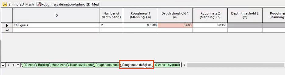 In a polygons window, the active Roughness definition tab, highlighted in red, shows the Roughness definition settings for the selected Roughness zone.