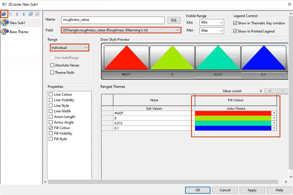 In the Layer Theme Editor for the 2D zone, settings for this example configured and highlighted in red.