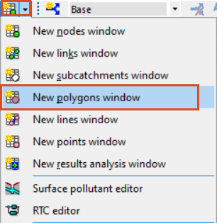 In the Windows toolbar, the Grid windows drop-down expanded, with New polygons window selected and highlighted in red.