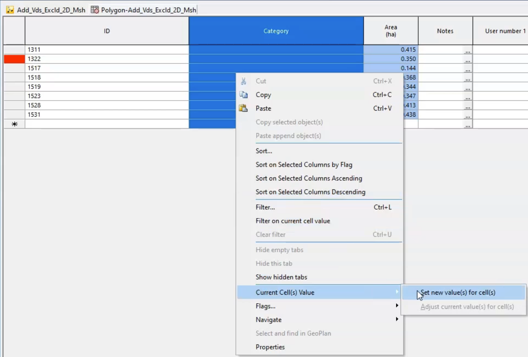 The grid window, Polygon tab, with the Category column header selected; and in the context menu, Current cell(s) Value Set selected, with Set new value(s) for cell(s) selected in the flyout.