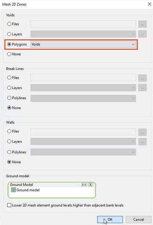 In the Mesh 2D Zones dialog box, under Voids, Polygons enabled and Voids selected in the drop-down.