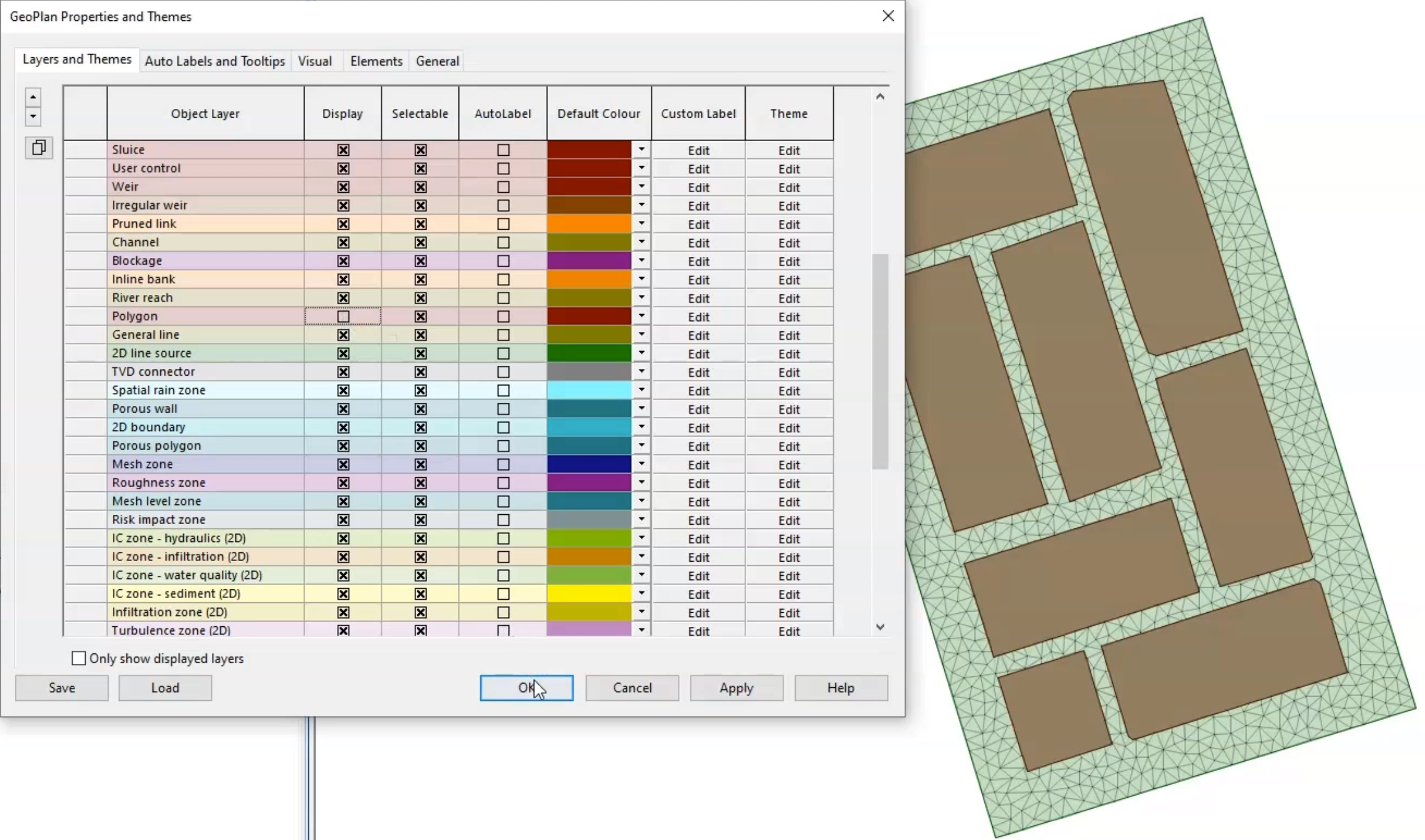 In the GeoPlan, the 2D mesh appears around brown rectangular polygon voids representing buildings; and in the GeoPlan Properties and Themes dialog box, Display is disabled for the Polygon row, with OK selected.