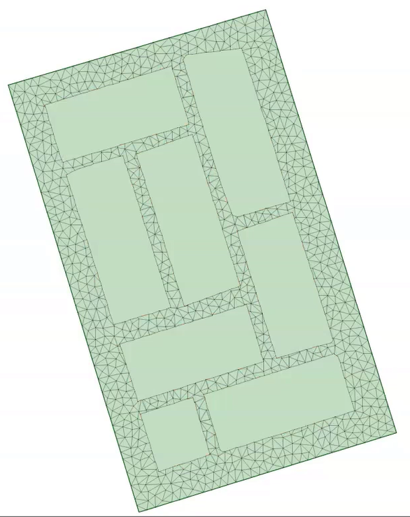 With the polygon voids hidden, the model shows rectangular areas of the same color, but with no triangles, excluded from the 2D mesh.