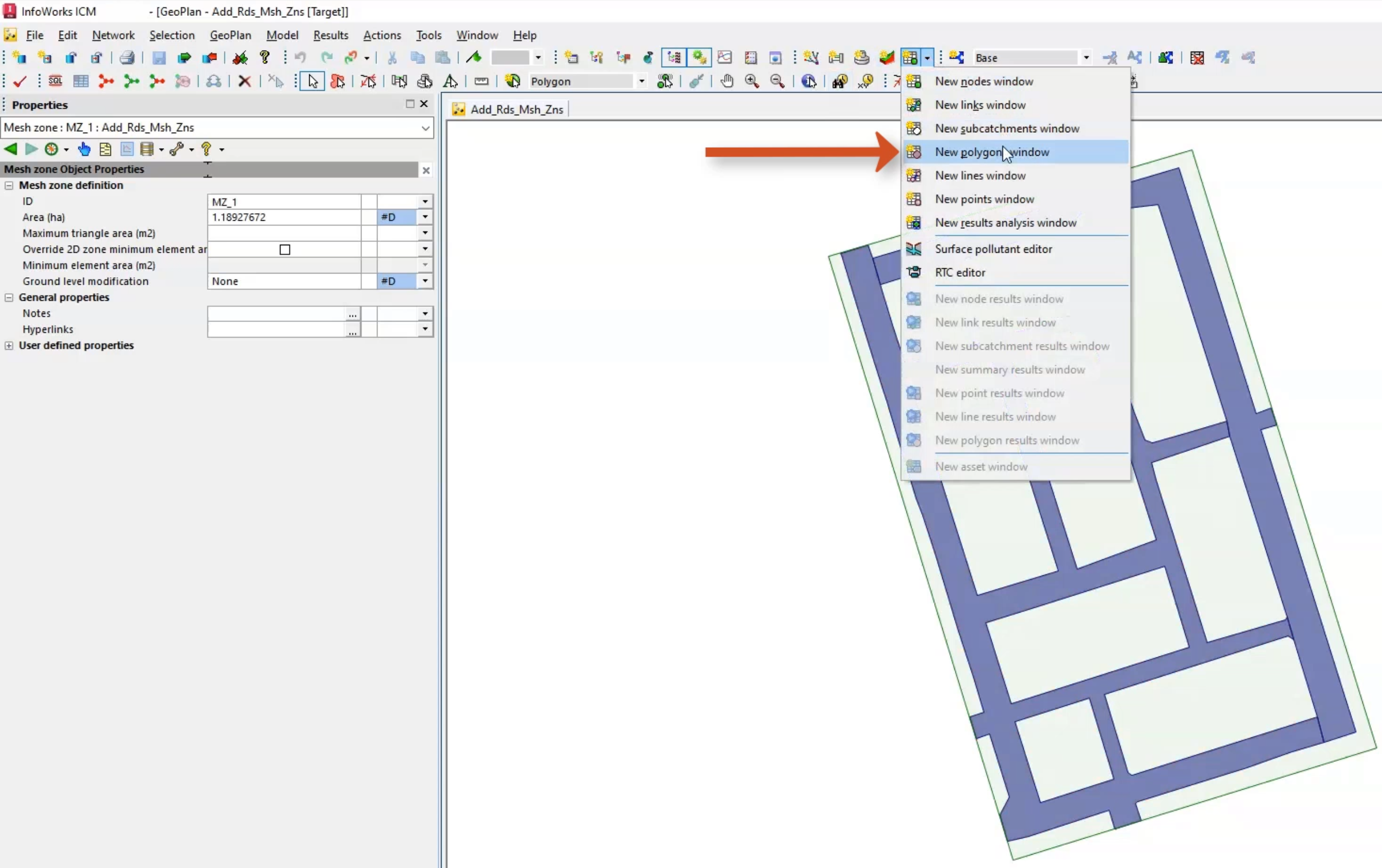 In the InfoWorks ICM interface, an example mesh zone polygon representing roads in the GeoPlan; and in the Grid windows drop-down, New polygons window selected and called out with a red arrow.