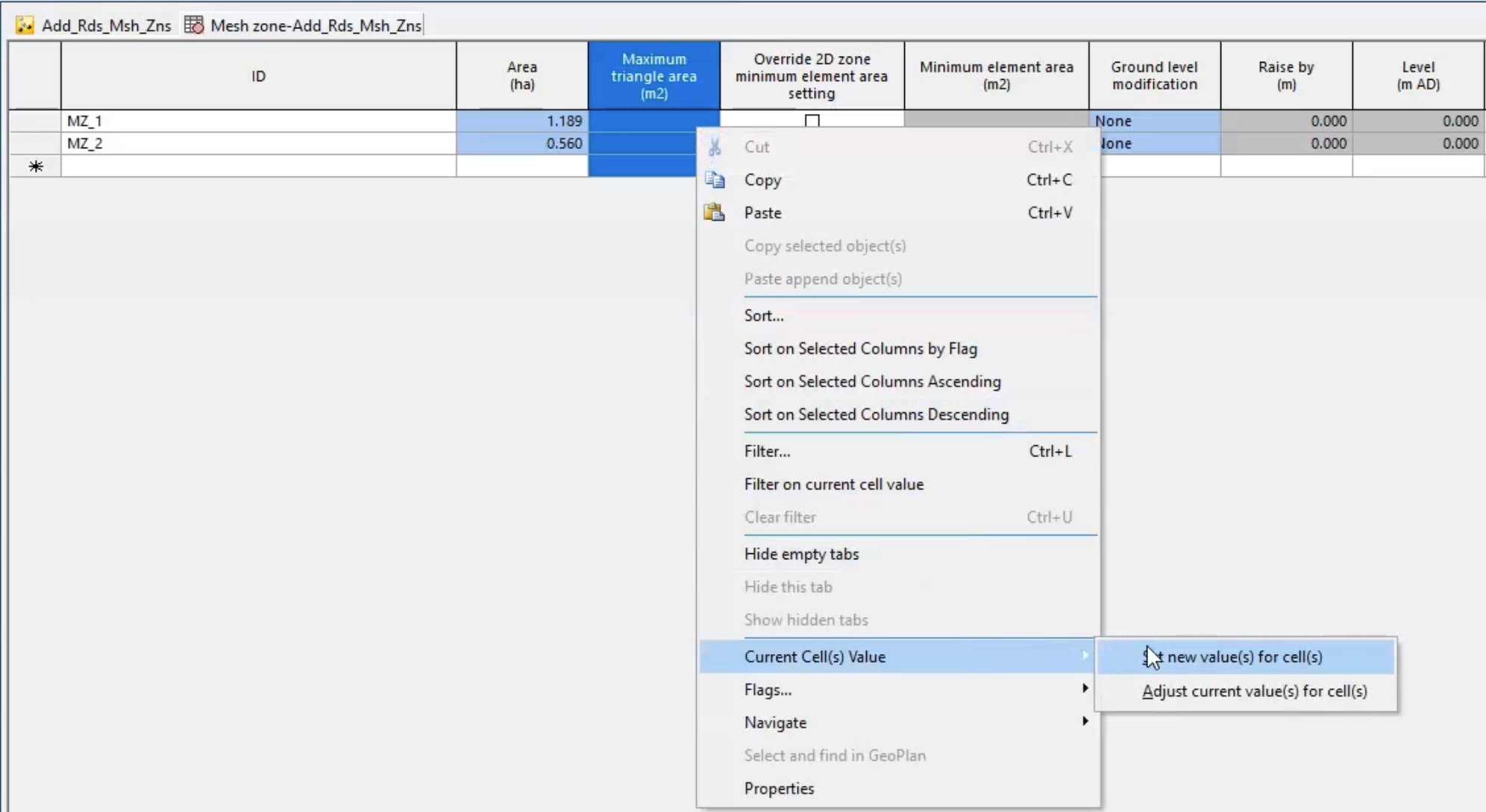 In the grid window, Mesh zone tab, the Maximum triangle area column highlighted; and in the context menu, Current cell(s) Value Set selected, with Set new value(s) for cell(s) selected in the flyout.