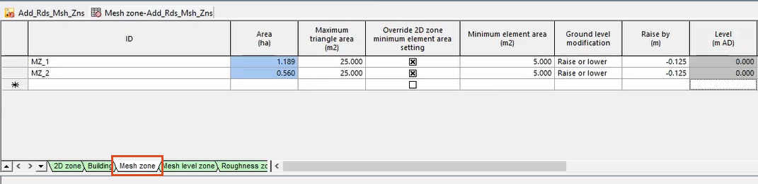 In the polygons grid window, the active Mesh zone tab highlighted in red, and all settings entered for this example.