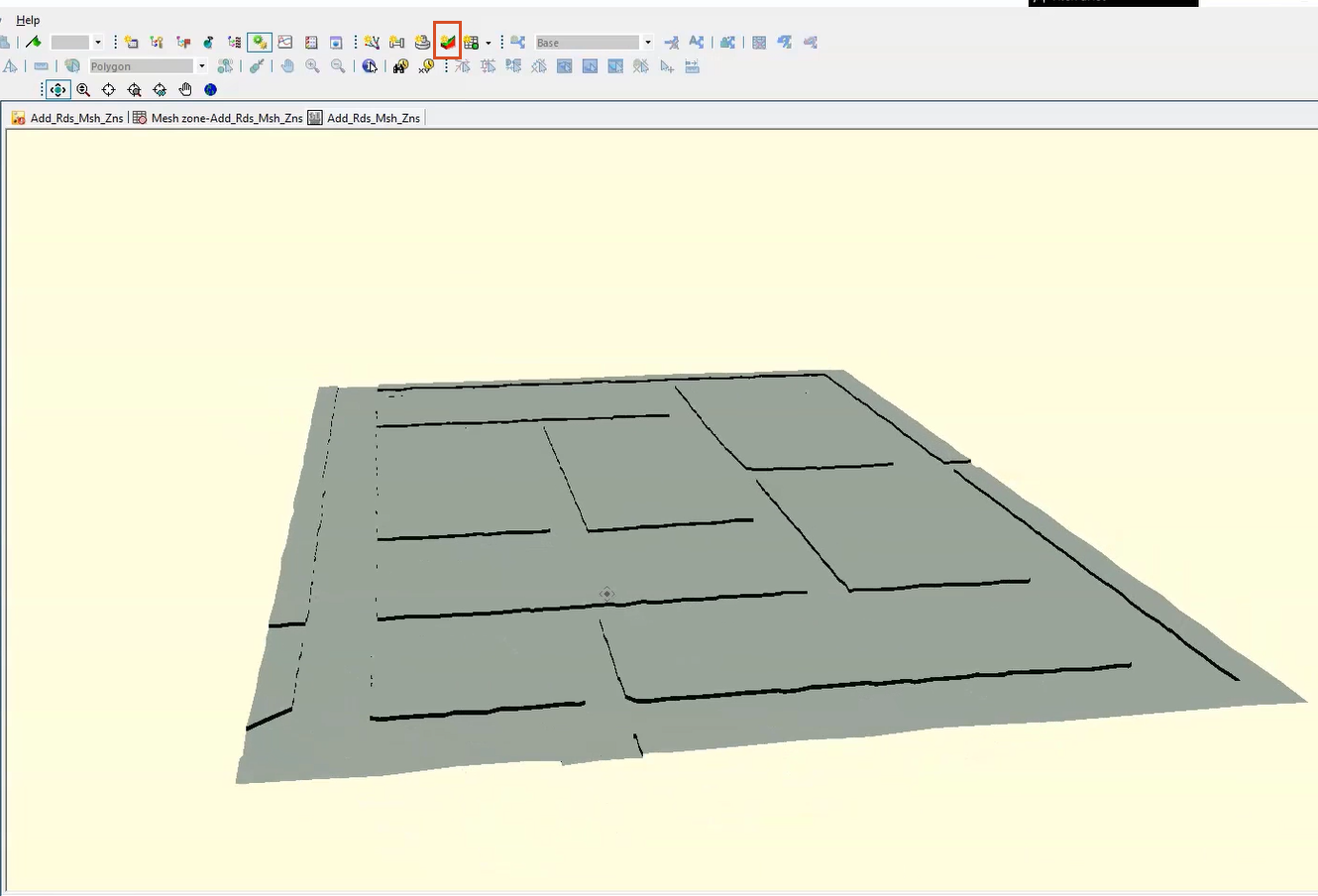 In the Windows toolbar, New 3D network window highlighted in red, and in the GeoPlan, a 3D view shows the mesh polygon representing roads slightly lower than the surrounding areas.