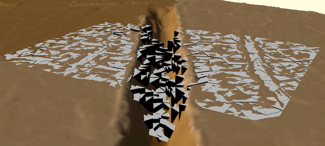 A 3D view comparing the 2D mesh to the underlying ground model along the embankment.