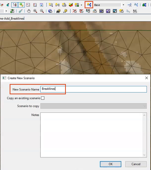 In the Scenarios toolbar, Create New Scenario highlighted in red, and in the Create New Scenario dialog box, a New Scenario Name of Breaklines entered and highlighted in red.