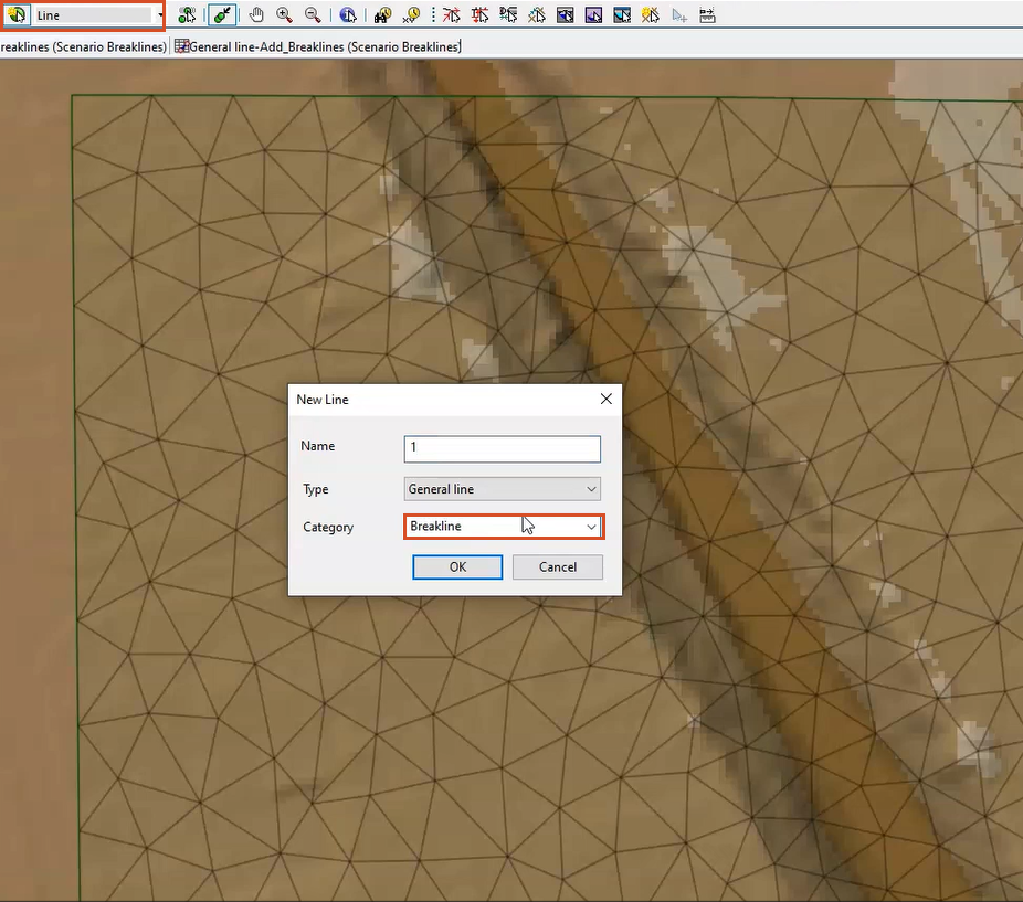 In the GeoPlan Tools toolbar, the New Object Type drop-down set to Line and highlighted in red, and in the New Line dialog box, the Category set to Breakline.