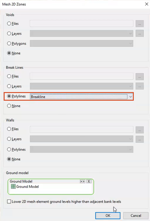 In the Mesh 2D Zones dialog box, under Break Lines, Polylines enabled, with Breakline selected in the drop-down and highlighted in red.