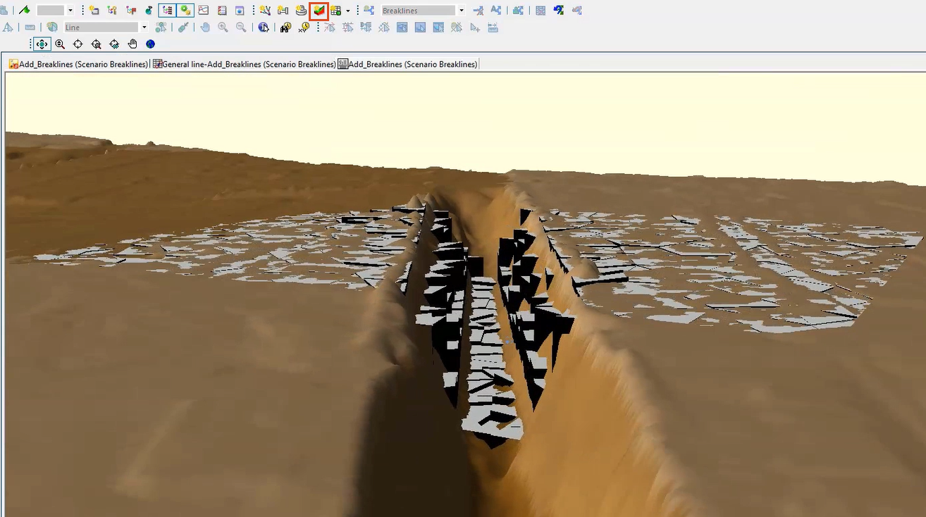 In a 3D view of the embankment after adding breaklines and re-meshing, the bottom and top of the channel are more accurately represented, with mesh lined up along the breaklines.