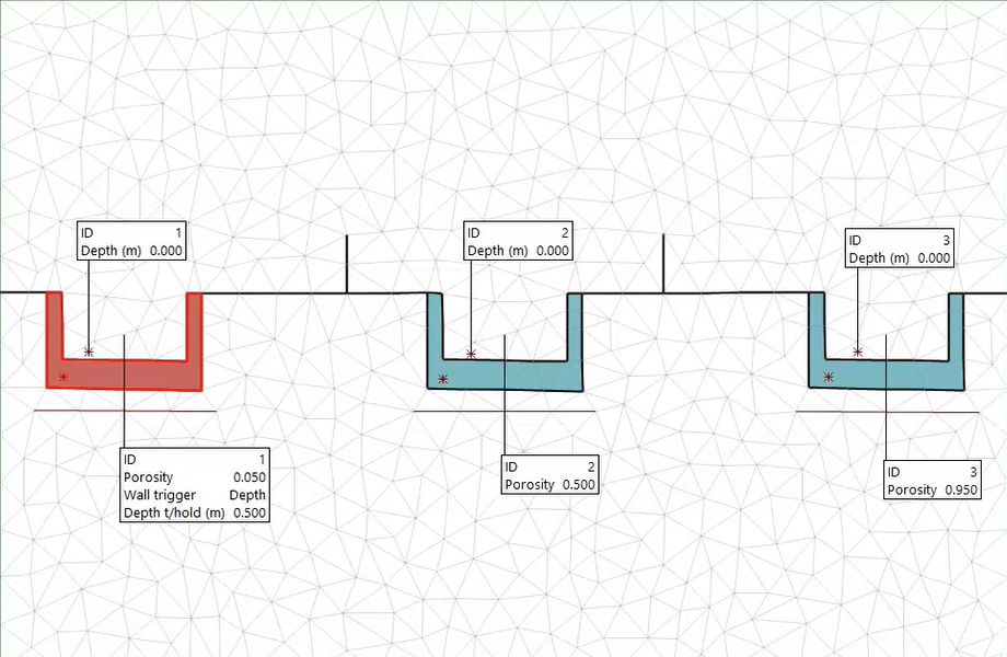 In the GeoPlan, examples of porous walls and porous polygons, with the first porous polygon selected and highlighted in red.