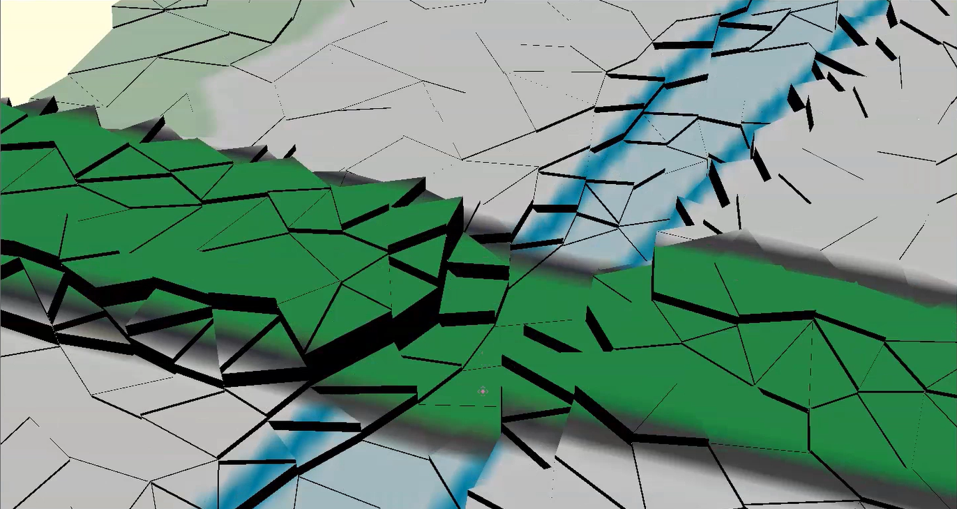 A 3D view of an important flow path intersecting a road, with the bridge and road deck cleaned from the model.