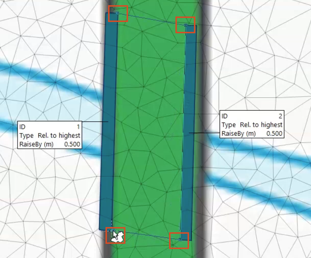 In the GeoPlan, the 4 vertices added to define the bridge deck highlighted in red.