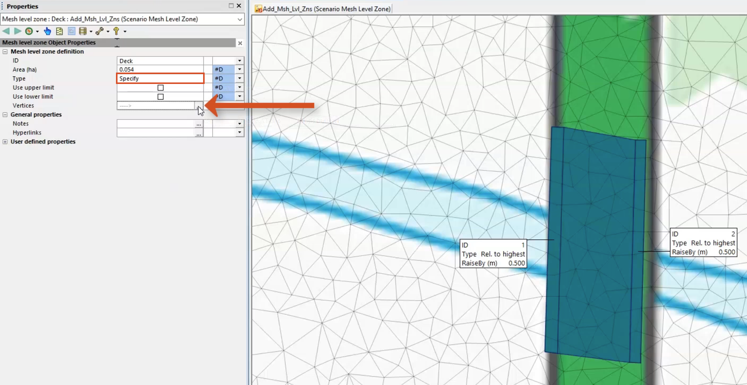 In the GeoPlan, the new polygon representing the road deck, and in the Properties window, the Type set to Specify, highlighted in red, and next to Vertices, the Ellipses (…) button selected and called out.