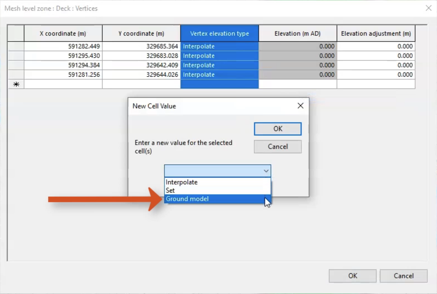 In the Vertices data window, the Vertex elevation type column selected, and in the New Cell Value Popup, the drop-down expanded with Ground model selected and called out.