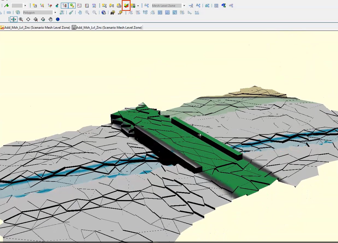 In the Windows toolbar, the New 3D network window button highlighted in red, and in the GeoPlan, a 3D view of the high-level road deck formed after adding the mesh level zone and re-meshing.