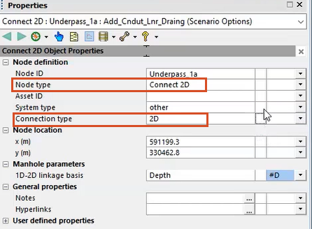 Conduit 2D In the Properties window for one of the nodes, the Node type set to Connect 2D and the Connection type set to 2D, both highlighted in red.