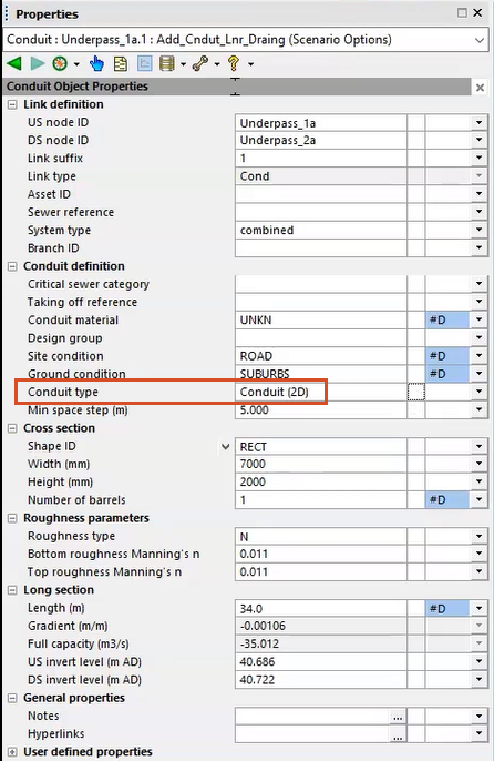 In the Conduit Properties window, the Conduit type set to Conduit (2D), highlighted in red.