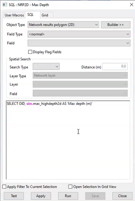 The SQL dialog box, with an example “Max Depth” query entered in the text box.