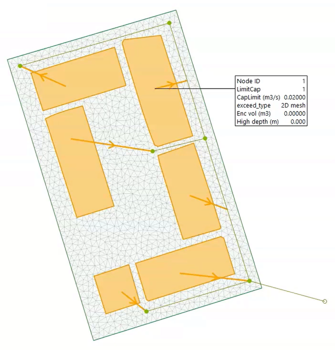 In the GeoPlan, an example model, with polygons representing buildings displayed as yellow rectangles on a 2D mesh.