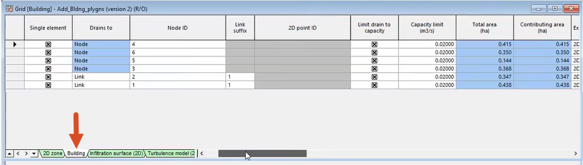 A polygons grid showing example building parameters, with the active Building tab called out.