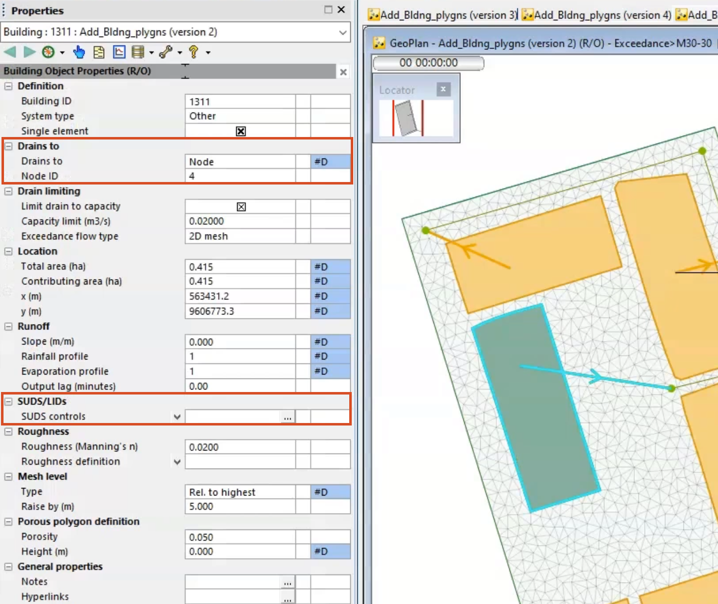 A building selected in the GeoPlan, and in the Properties window, the Drains to and SUDS control settings highlighted in red.