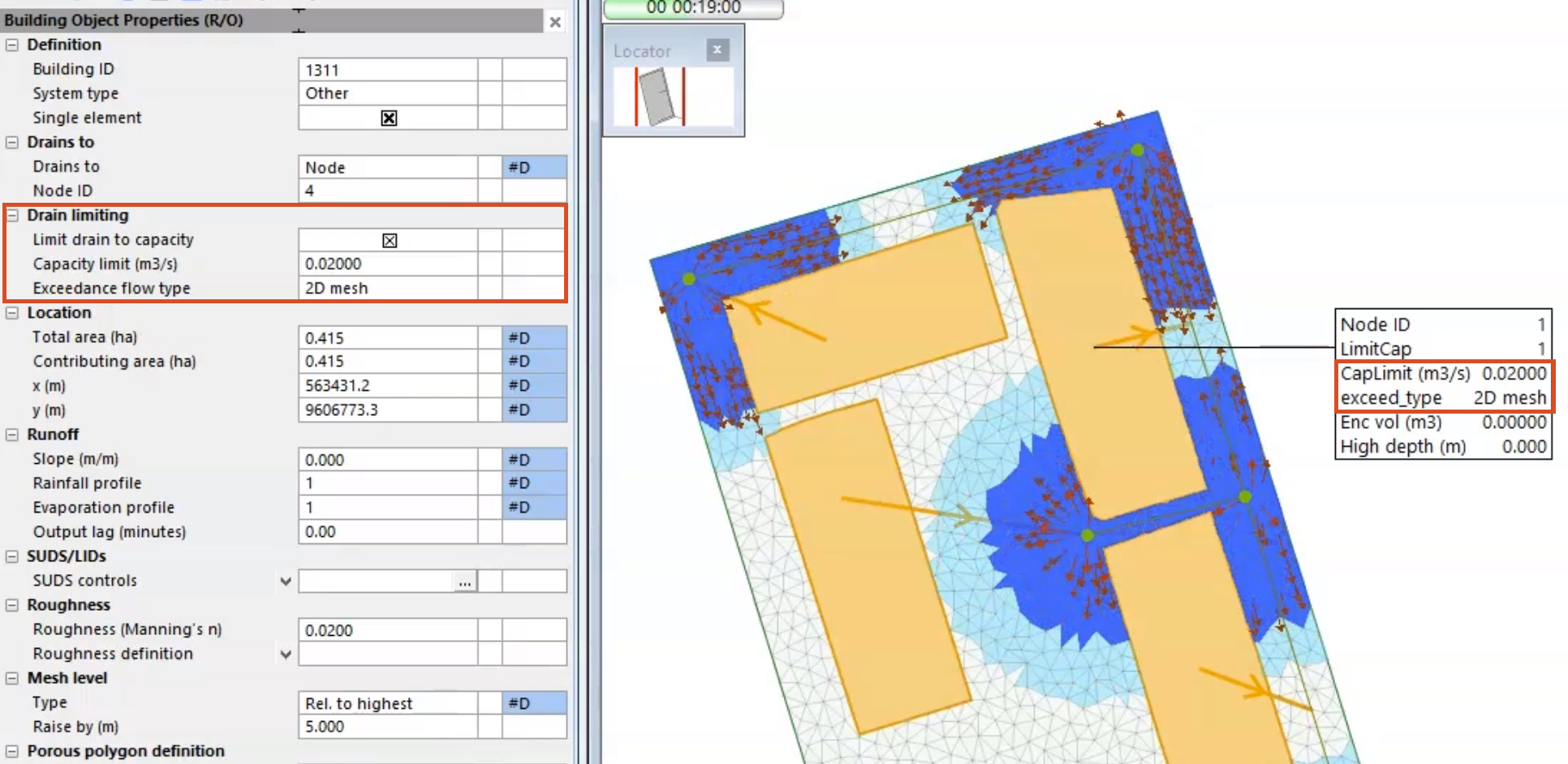 In the Properties window, the Drain limiting settings highlighted in red, and on the GeoPlan, a running rainfall simulation, with drain limiting settings on a building label highlighted in red.