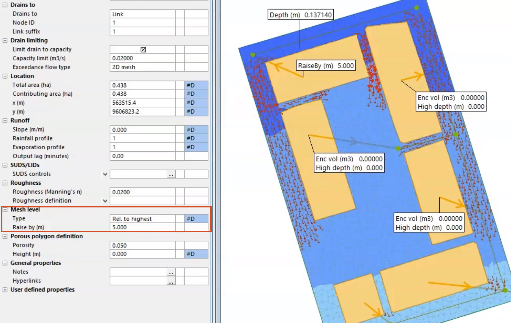 In the Properties window, the Mesh level settings highlighted in red, and on the GeoPlan, a running rainfall simulation.