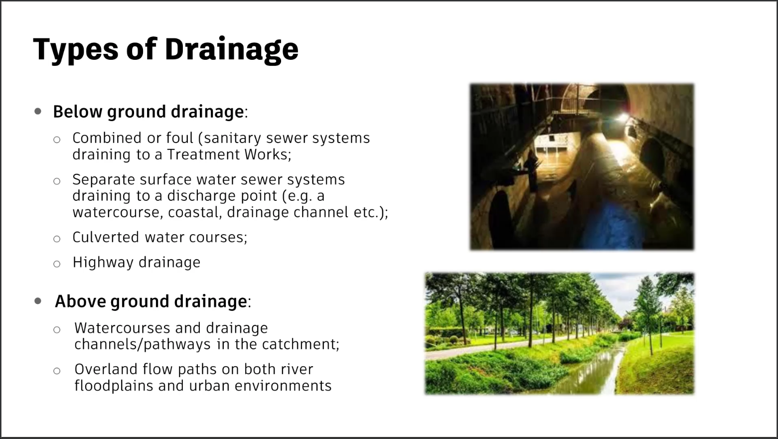 A presentation slide showing the types of drainage solutions below and above ground, with example images.