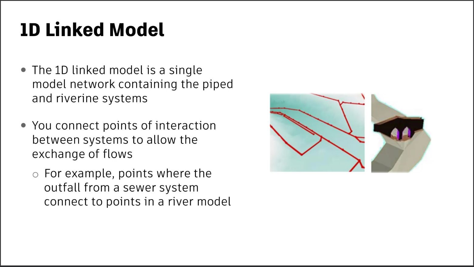 A presentation slide containing information about the 1D linked model and an image of a 1D linked model.