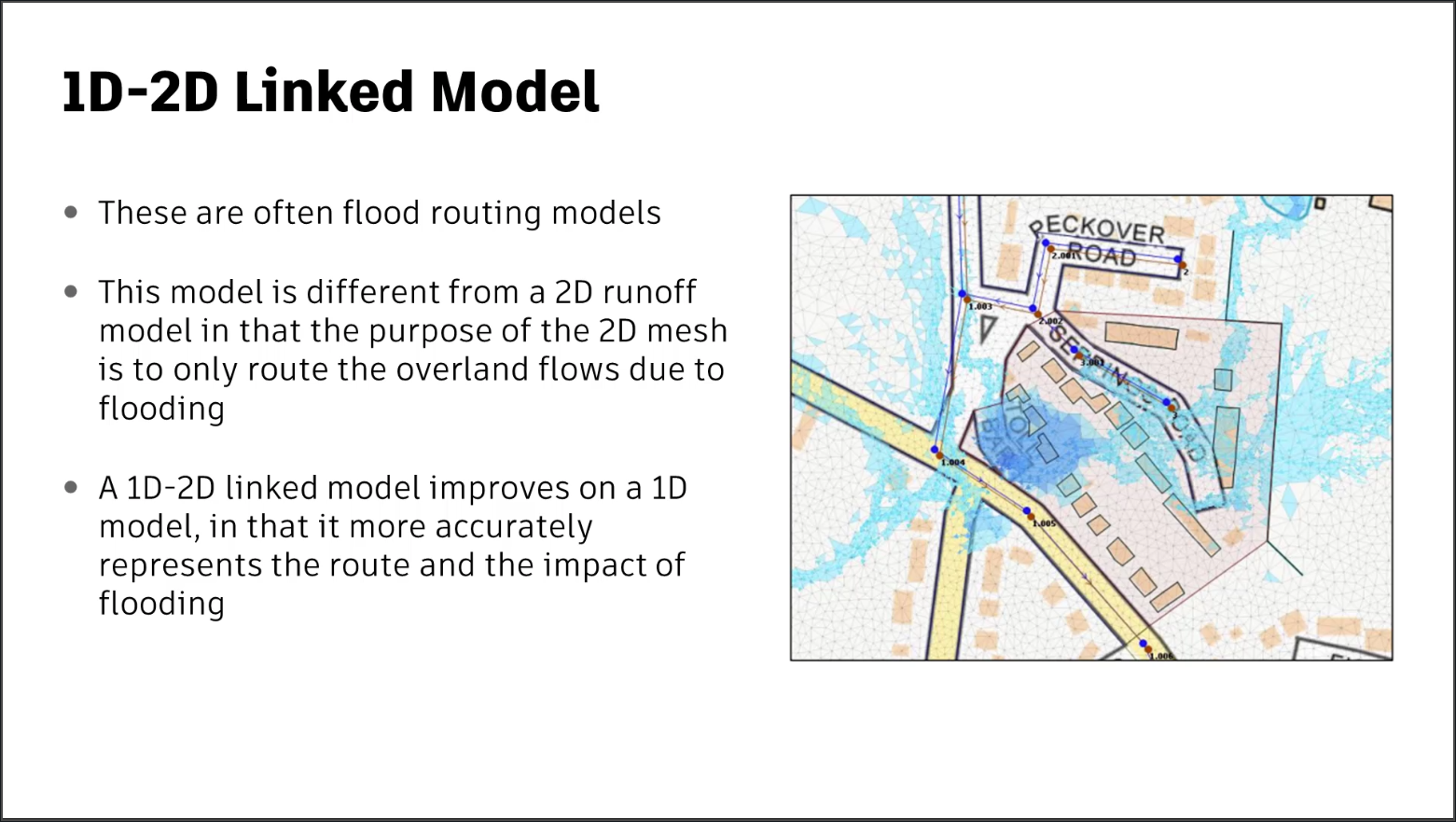 A presentation slide containing information about the 1D-2D linked model and an image of a 1D-2D linked model.