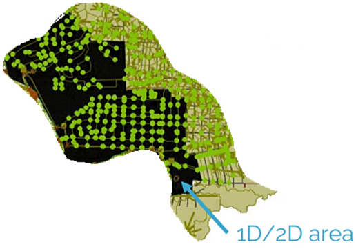 A zoomed-in view of the 1D/2D model area, which displays the most detail.